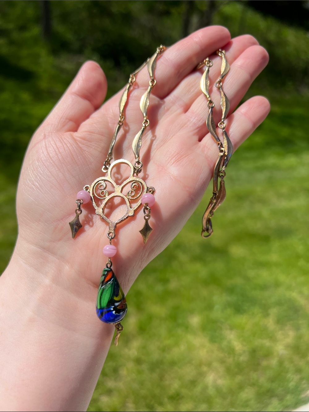 VTG Venetian Murano Art Glass Teardrop Pendant Ornate Gold Chandelier Necklace